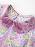 Purple Floral Girls Dress Velvet Collar Bow Long Sleeve Dress - 3