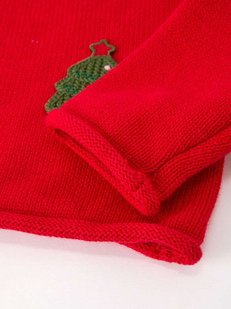 Baby Girl Christmas Red Knit Sweater with Embroidered Tree Appliqué - 5