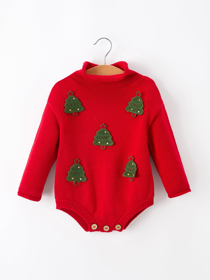 Baby Girls Christmas Red Knit Tree Appliqué Romper - 1