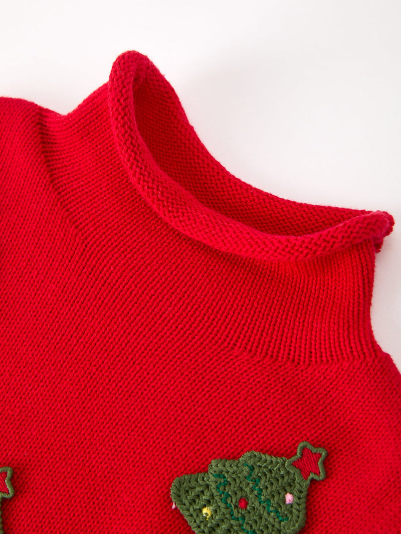 Baby Girls Christmas Red Knit Tree Appliqué Romper - 3