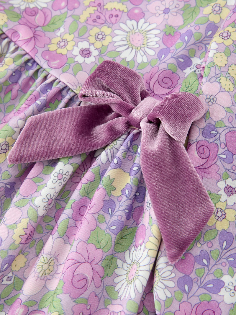 Purple Floral Girls Dress Velvet Collar Bow Long Sleeve Dress - 4