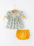 Floral Girls Outfit Set Yellow Puff Sleeve Top Bloomers Set - 1