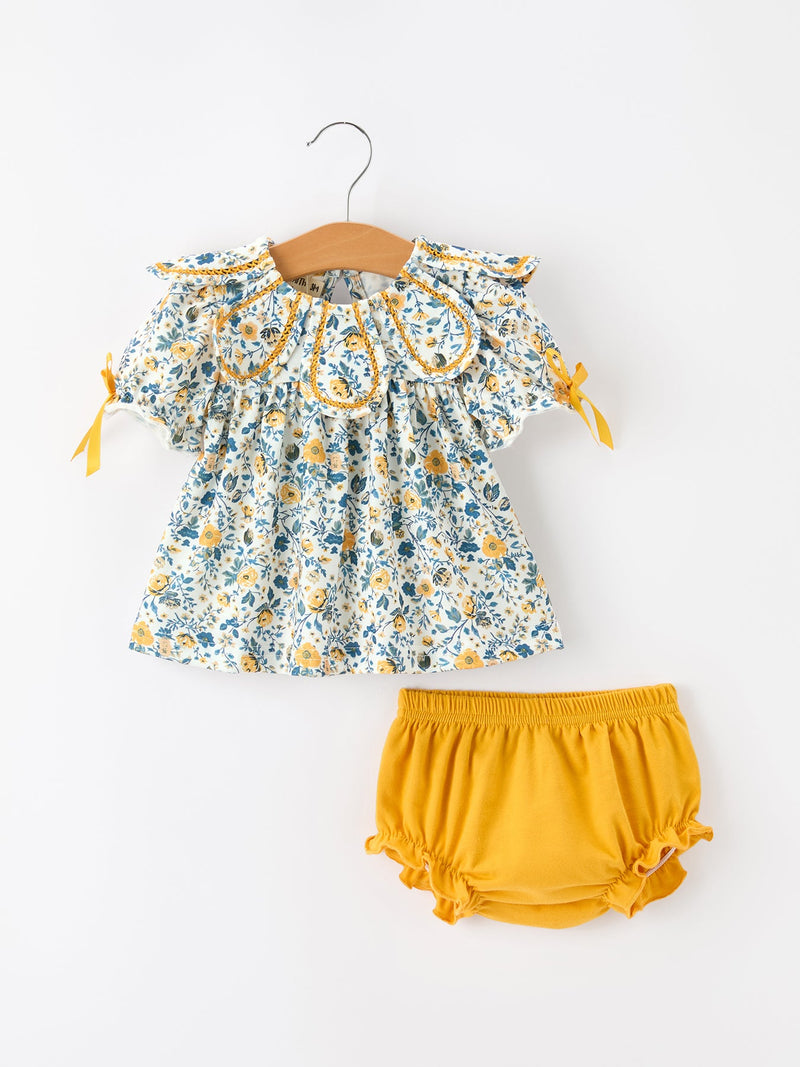 Floral Girls Outfit Set Yellow Puff Sleeve Top Bloomers Set - 1