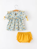 Floral Girls Outfit Set Yellow Puff Sleeve Top Bloomers Set - 2