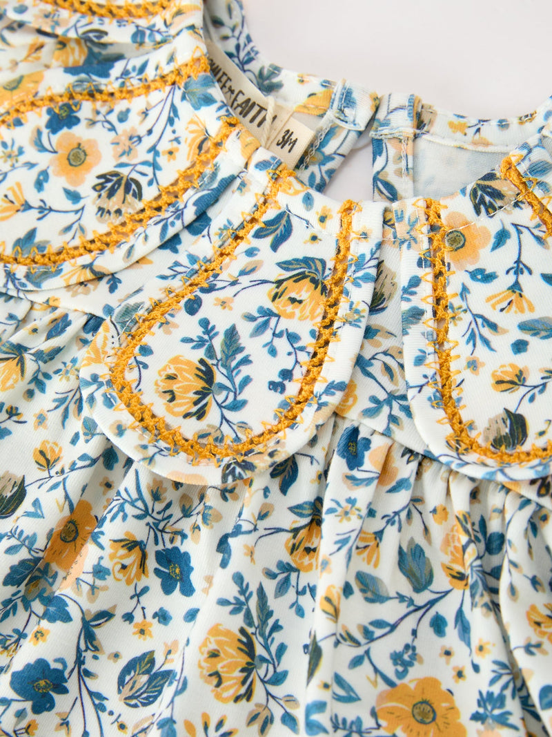 Floral Girls Outfit Set Yellow Puff Sleeve Top Bloomers Set - 3