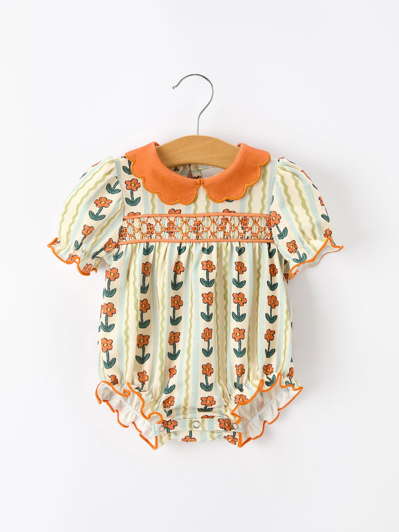 Fall Floral Stripe Baby Romper Petals Collar Smocked Puff Sleeve - 1