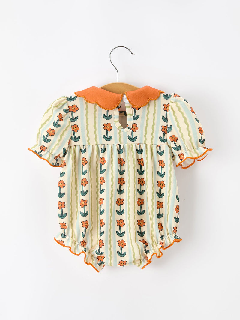 Fall Floral Stripe Baby Romper Petals Collar Smocked Puff Sleeve - 2