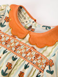 Fall Floral Stripe Baby Romper Petals Collar Smocked Puff Sleeve - 3