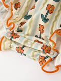 Fall Floral Stripe Baby Romper Petals Collar Smocked Puff Sleeve - 4