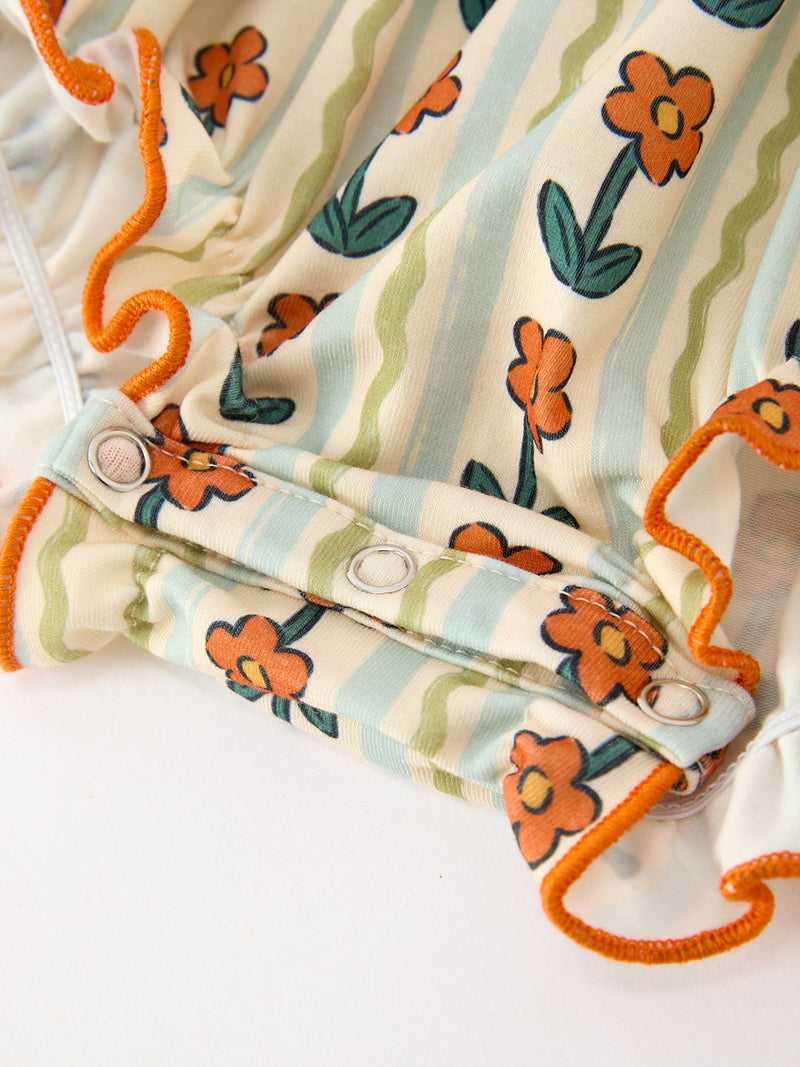 Fall Floral Stripe Baby Romper Petals Collar Smocked Puff Sleeve - 4