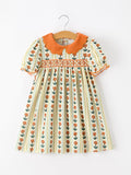 Fall Floral Stripe Girls Dress Petals Collar Smocked Puff Sleeve - 1