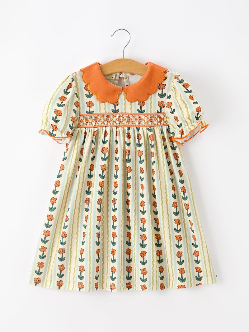 Fall Floral Stripe Girls Dress Petals Collar Smocked Puff Sleeve - 1