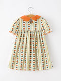 Fall Floral Stripe Girls Dress Petals Collar Smocked Puff Sleeve - 2