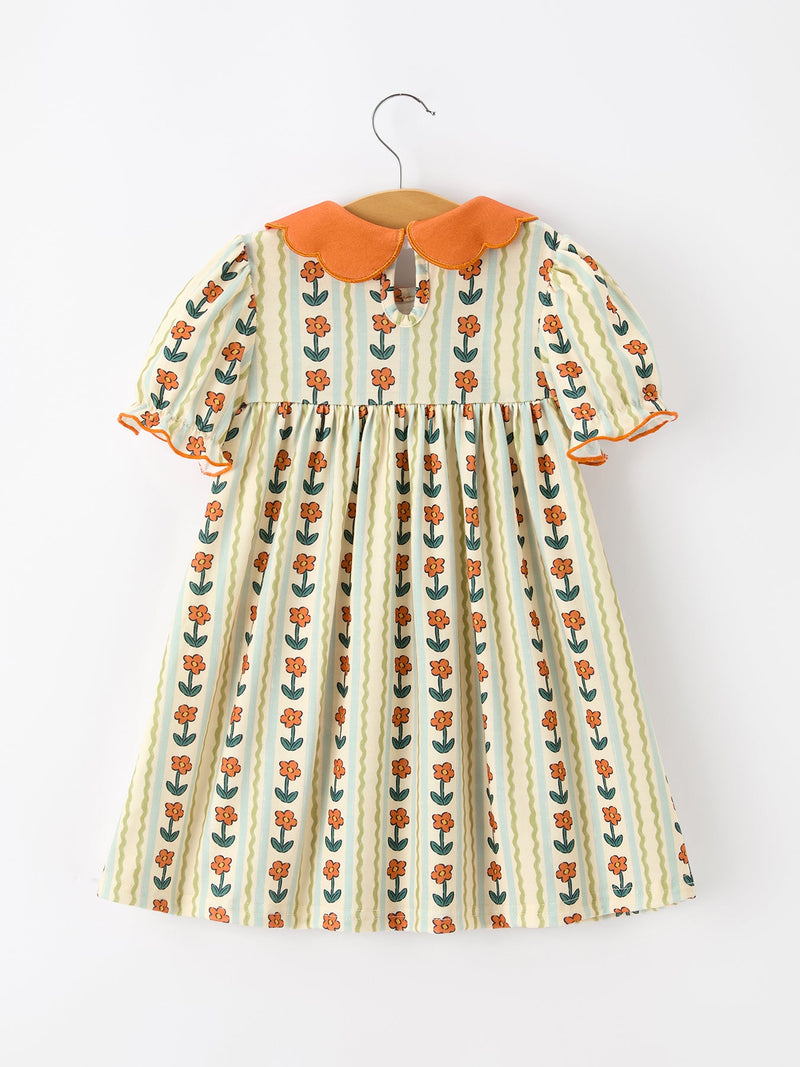 Fall Floral Stripe Girls Dress Petals Collar Smocked Puff Sleeve - 2