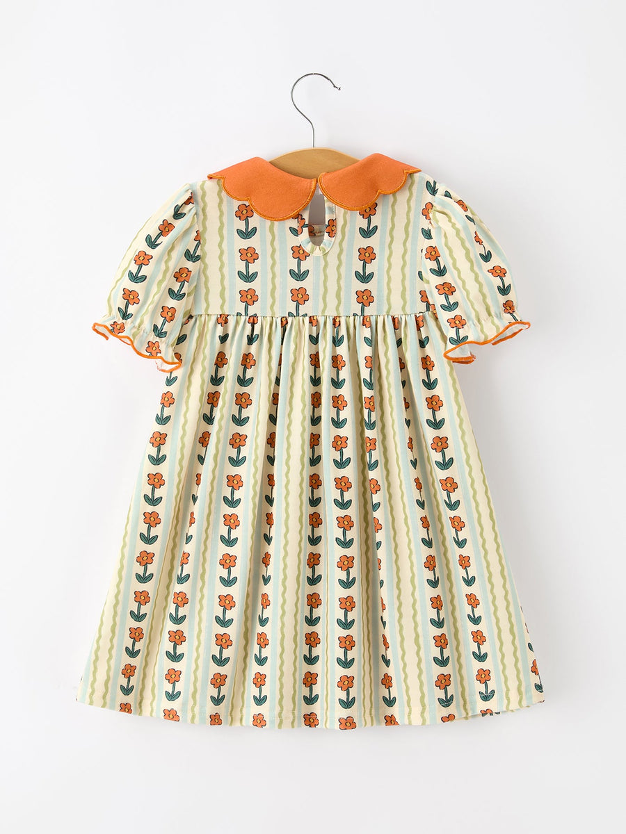 Fall Floral Stripe Girls Dress Petals Collar Smocked Puff Sleeve