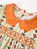 Fall Floral Stripe Girls Dress Petals Collar Smocked Puff Sleeve - 3
