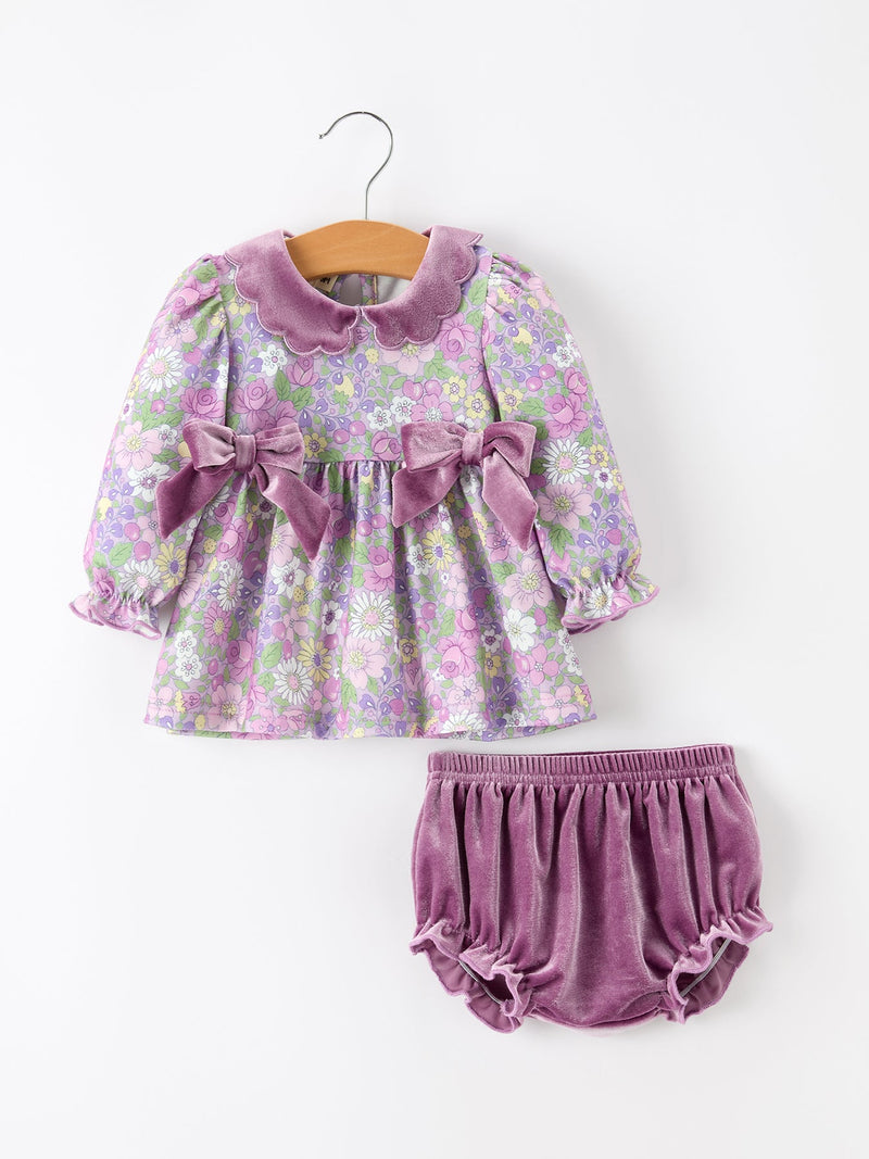 Purple Floral Velvet Baby Girl Outfit Set Ruffle Bow Bloomers - 1