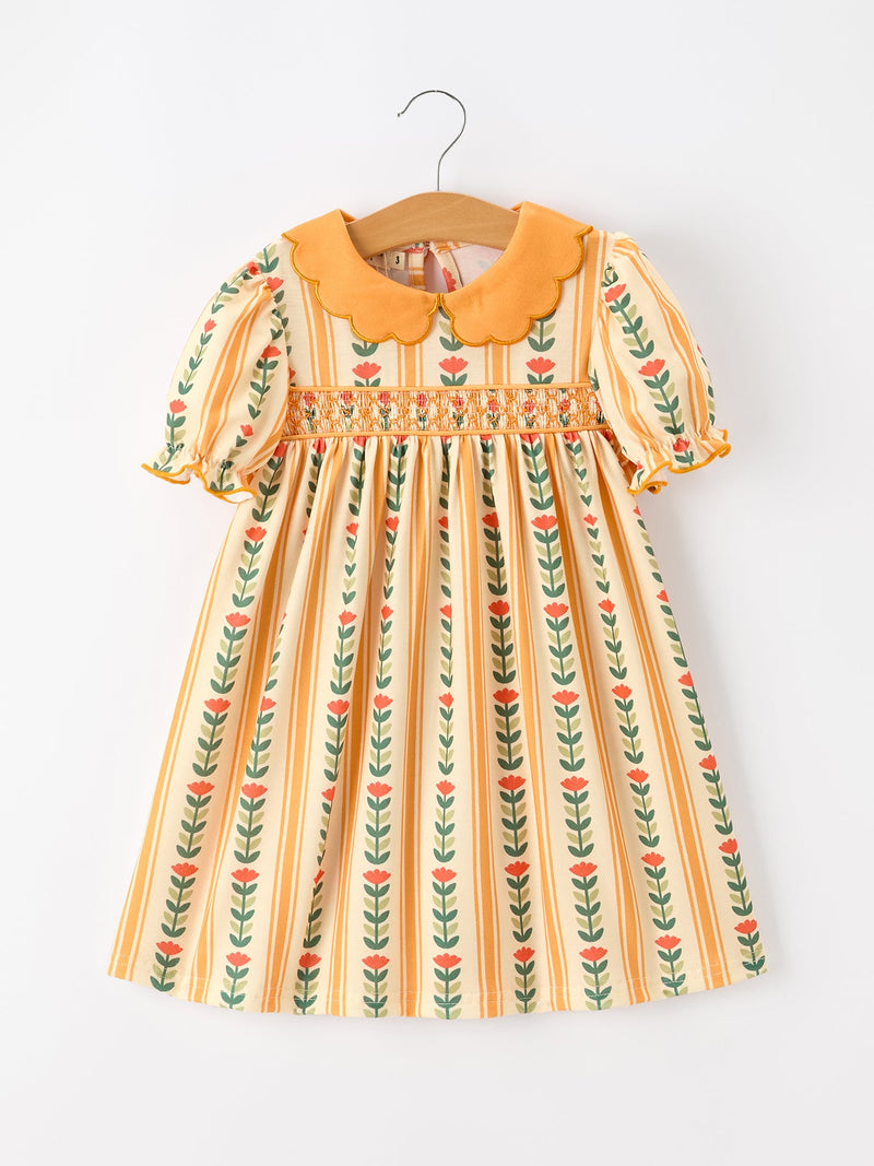 Fall Floral Stripe Girls Dress Petals Collar Smocked - 1