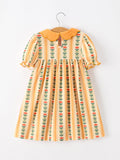 Fall Floral Stripe Girls Dress Petals Collar Smocked - 2