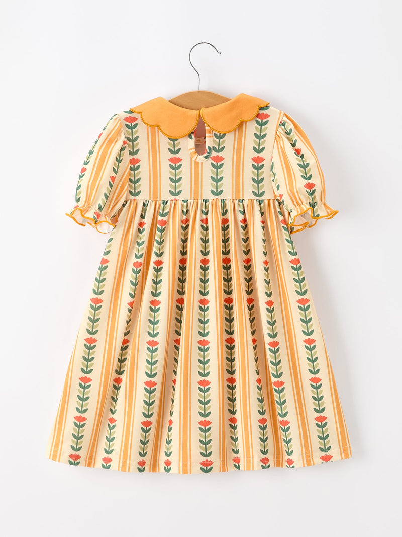 Fall Floral Stripe Girls Dress Petals Collar Smocked - 2