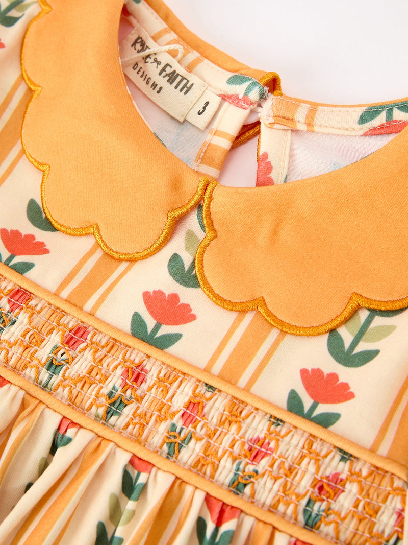 Fall Floral Stripe Girls Dress Petals Collar Smocked - 3