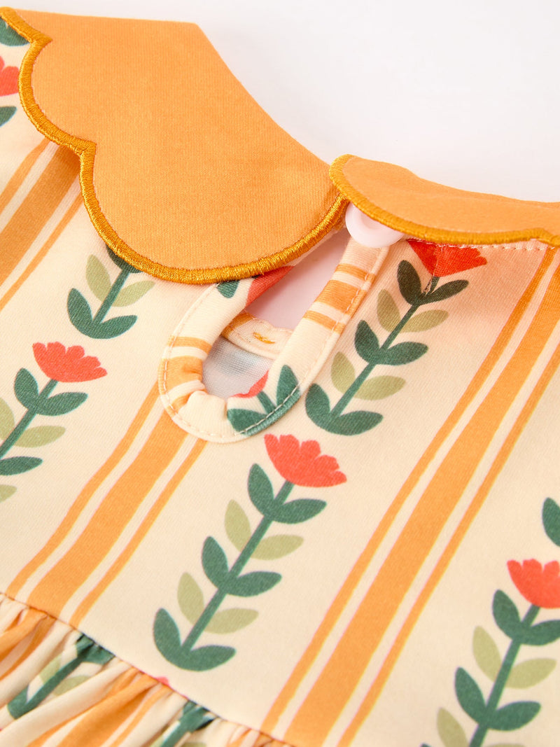 Fall Floral Stripe Girls Dress Petals Collar Smocked - 4