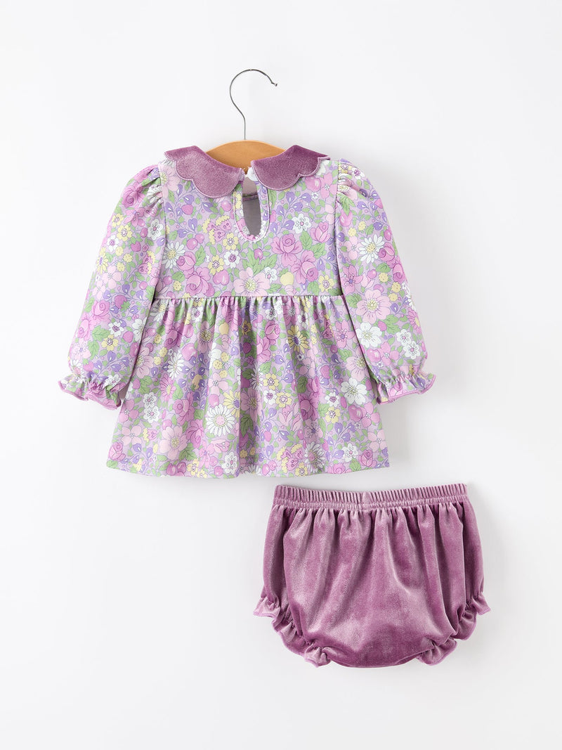 Purple Floral Velvet Baby Girl Outfit Set Ruffle Bow Bloomers - 2