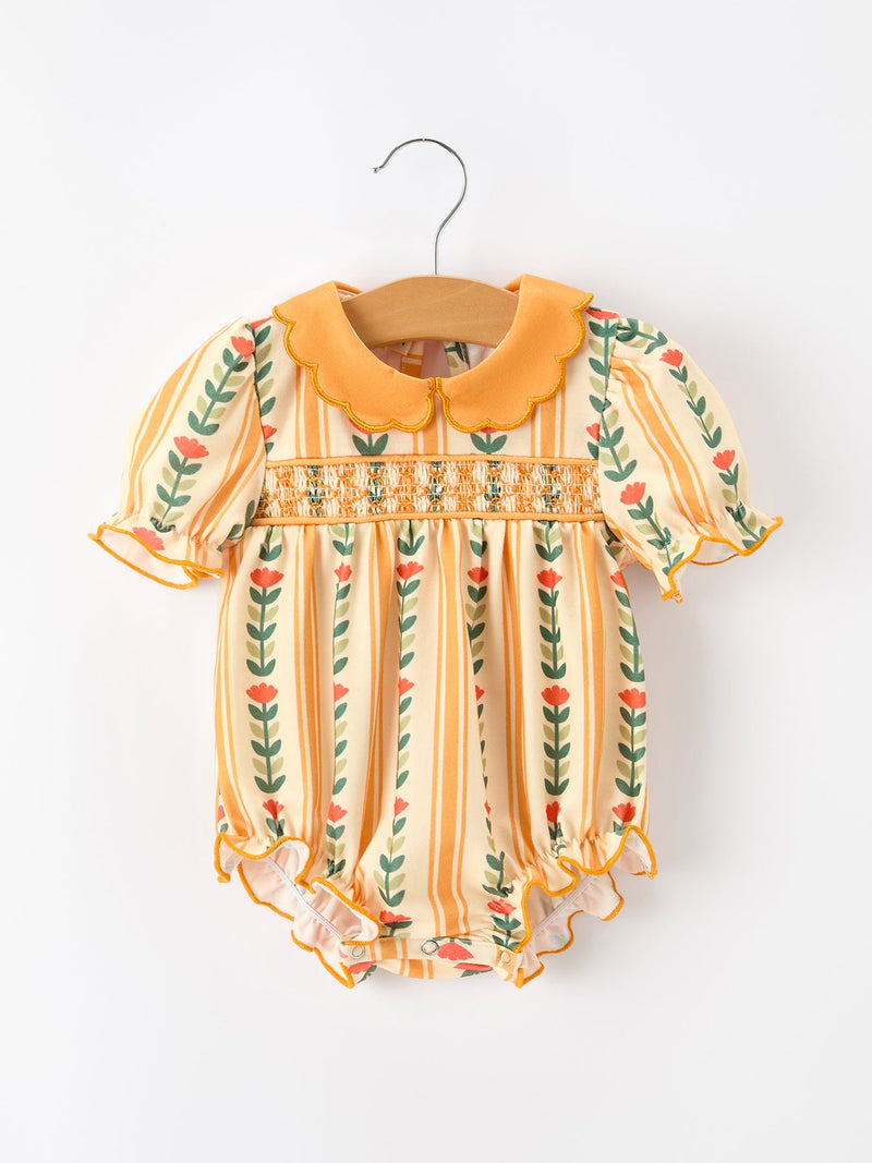 Fall Floral Stripe Baby Girls Romper Petals Collar Smocked - 1