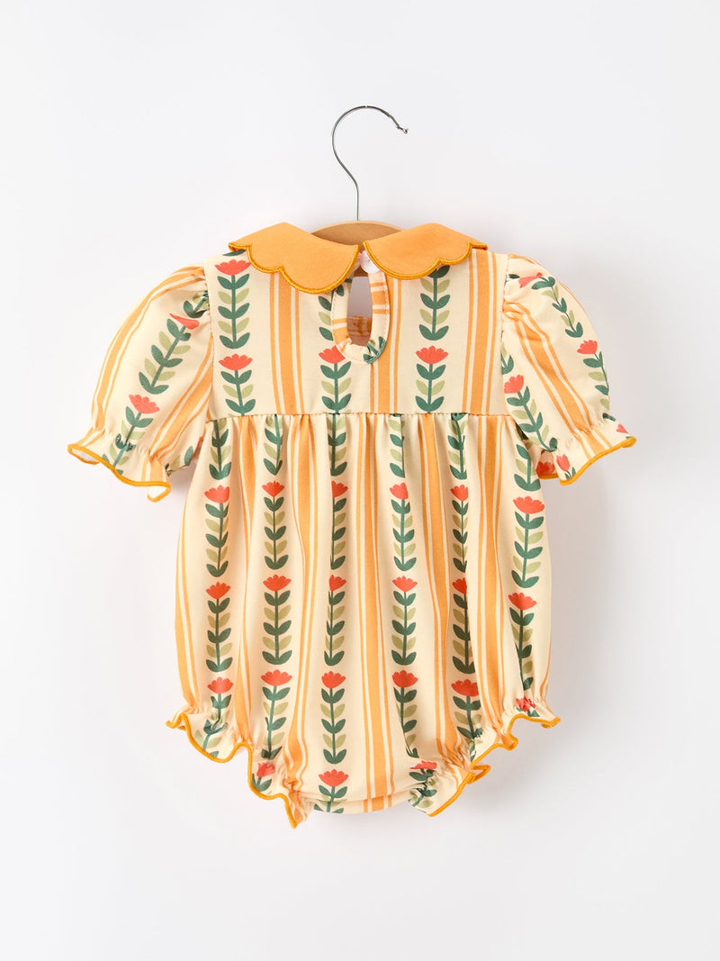 Fall Floral Stripe Baby Girls Romper Petals Collar Smocked - 2