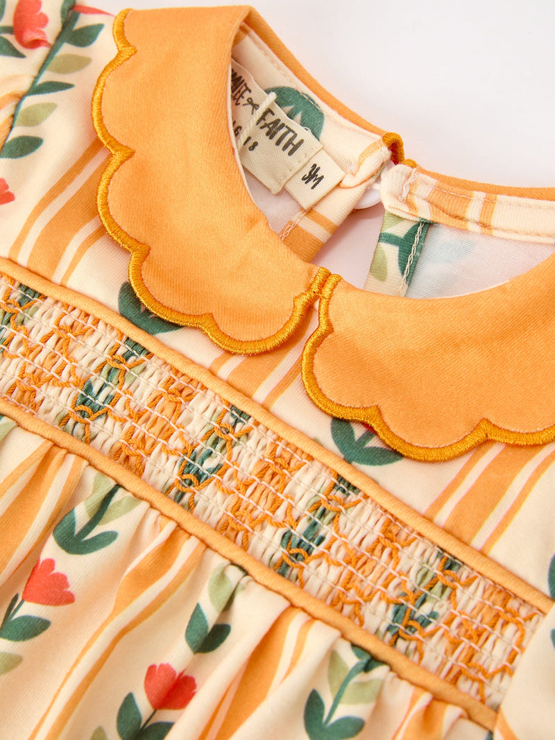 Fall Floral Stripe Baby Girls Romper Petals Collar Smocked - 3