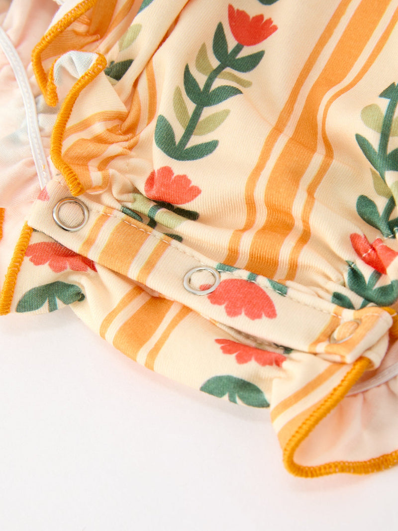 Fall Floral Stripe Baby Girls Romper Petals Collar Smocked - 5