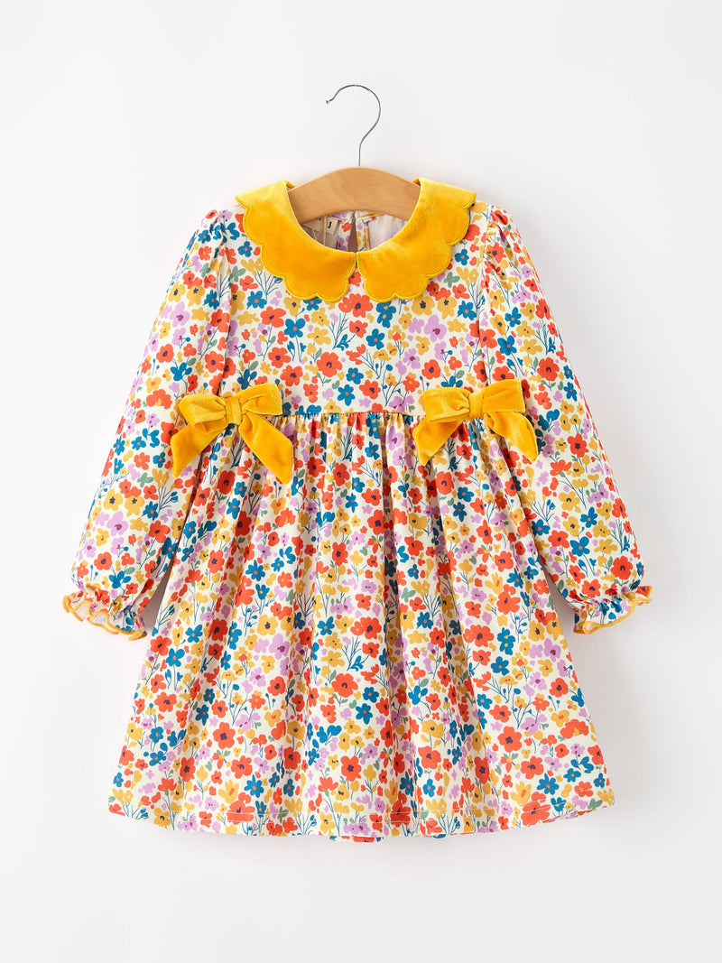 Floral Girls Dress Yellow Velvet Collar Bow Puff Sleeve Dress - 1