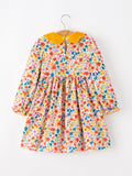 Floral Girls Dress Yellow Velvet Collar Bow Puff Sleeve Dress - 2