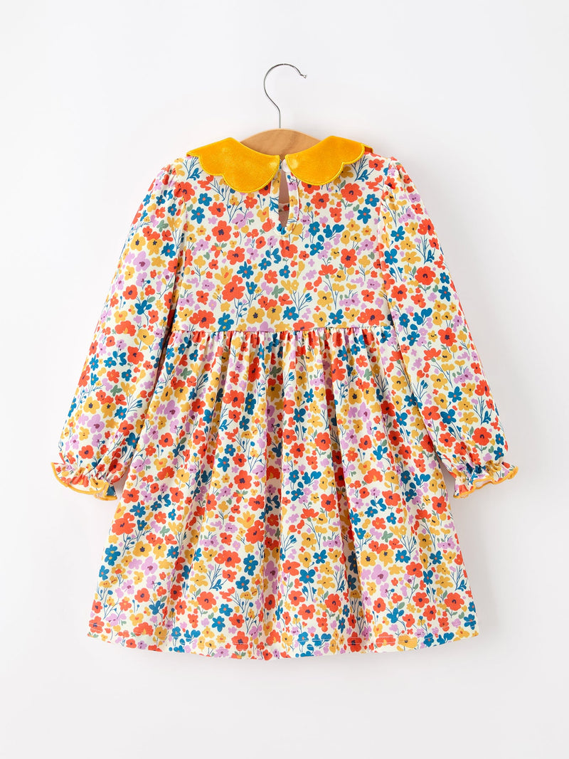 Floral Girls Dress Yellow Velvet Collar Bow Puff Sleeve Dress - 2