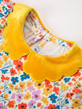 Floral Girls Dress Yellow Velvet Collar Bow Puff Sleeve Dress - 3