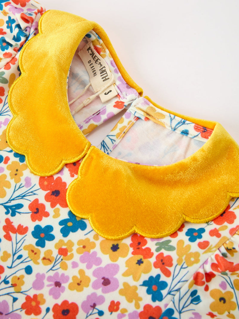 Floral Girls Dress Yellow Velvet Collar Bow Puff Sleeve Dress - 3