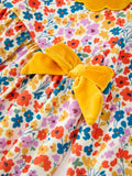 Floral Girls Dress Yellow Velvet Collar Bow Puff Sleeve Dress - 4