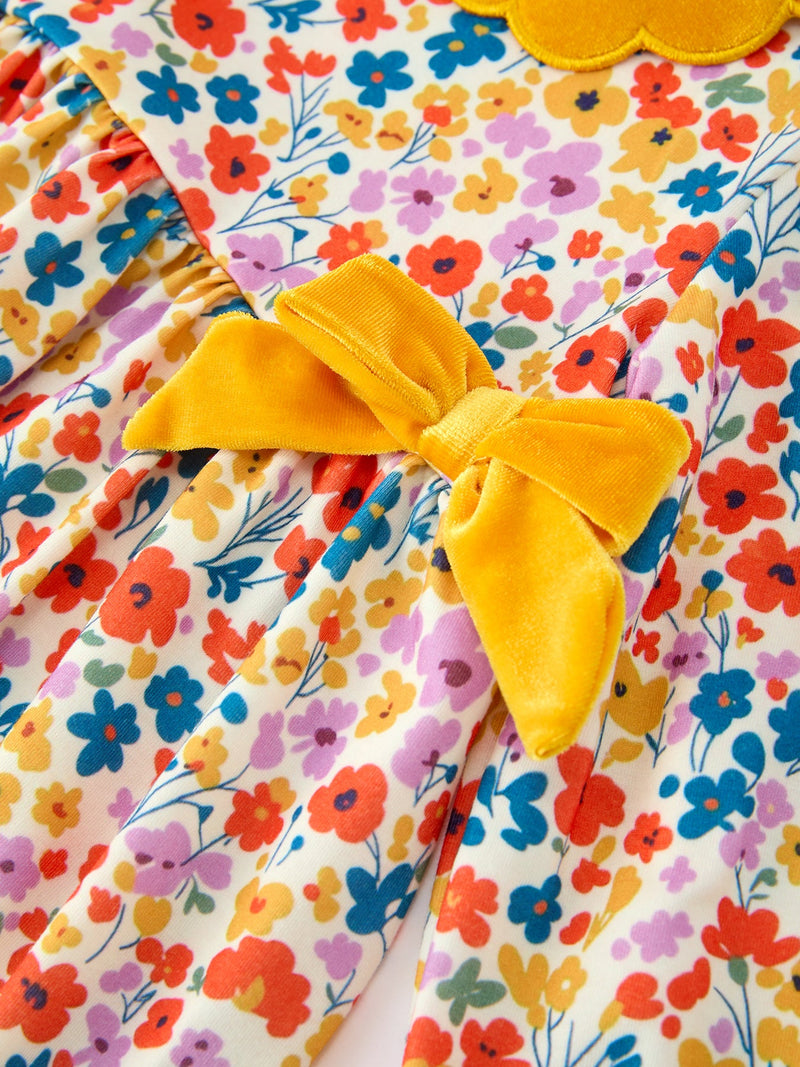 Floral Girls Dress Yellow Velvet Collar Bow Puff Sleeve Dress - 4