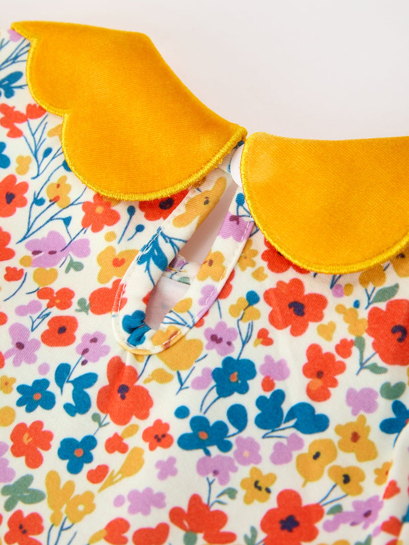 Floral Girls Dress Yellow Velvet Collar Bow Puff Sleeve Dress - 5