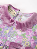 Purple Floral Velvet Baby Girl Outfit Set Ruffle Bow Bloomers - 3