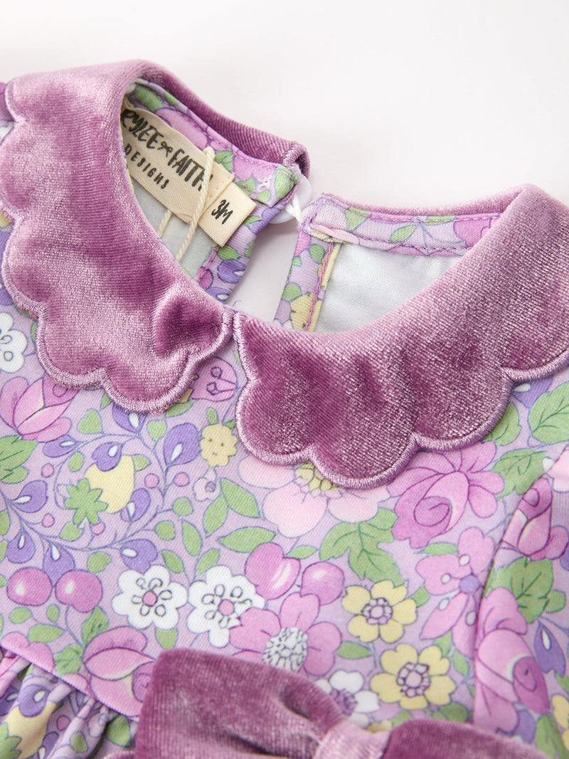 Purple Floral Velvet Baby Girl Outfit Set Ruffle Bow Bloomers - 3