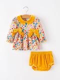 Floral Baby Girl Outfit Set Yellow Velvet Collar Bow Bloomers - 1