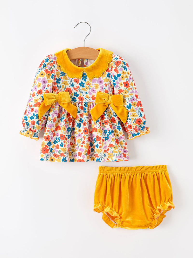 Floral Baby Girl Outfit Set Yellow Velvet Collar Bow Bloomers - 1