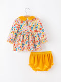 Floral Baby Girl Outfit Set Yellow Velvet Collar Bow Bloomers - 2