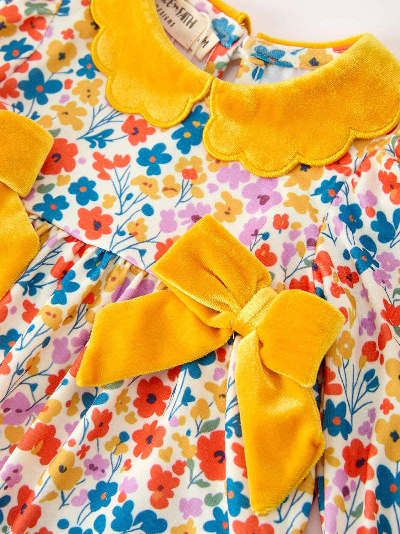 Floral Baby Girl Outfit Set Yellow Velvet Collar Bow Bloomers - 3