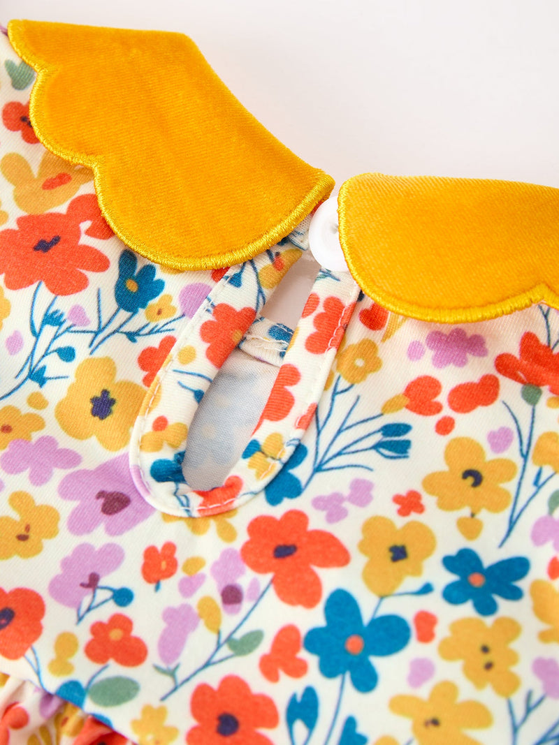 Floral Baby Girl Outfit Set Yellow Velvet Collar Bow Bloomers - 4