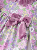 Purple Floral Velvet Baby Girl Outfit Set Ruffle Bow Bloomers - 4