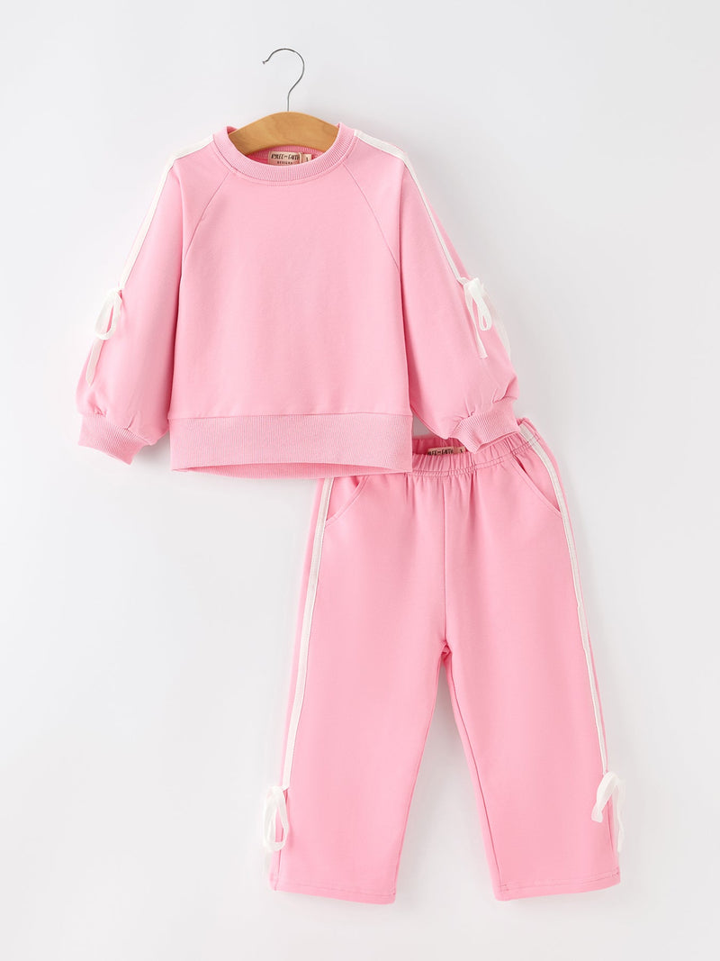 Girls Pink Bow Trim Sweatshirt and Pants Set - 7