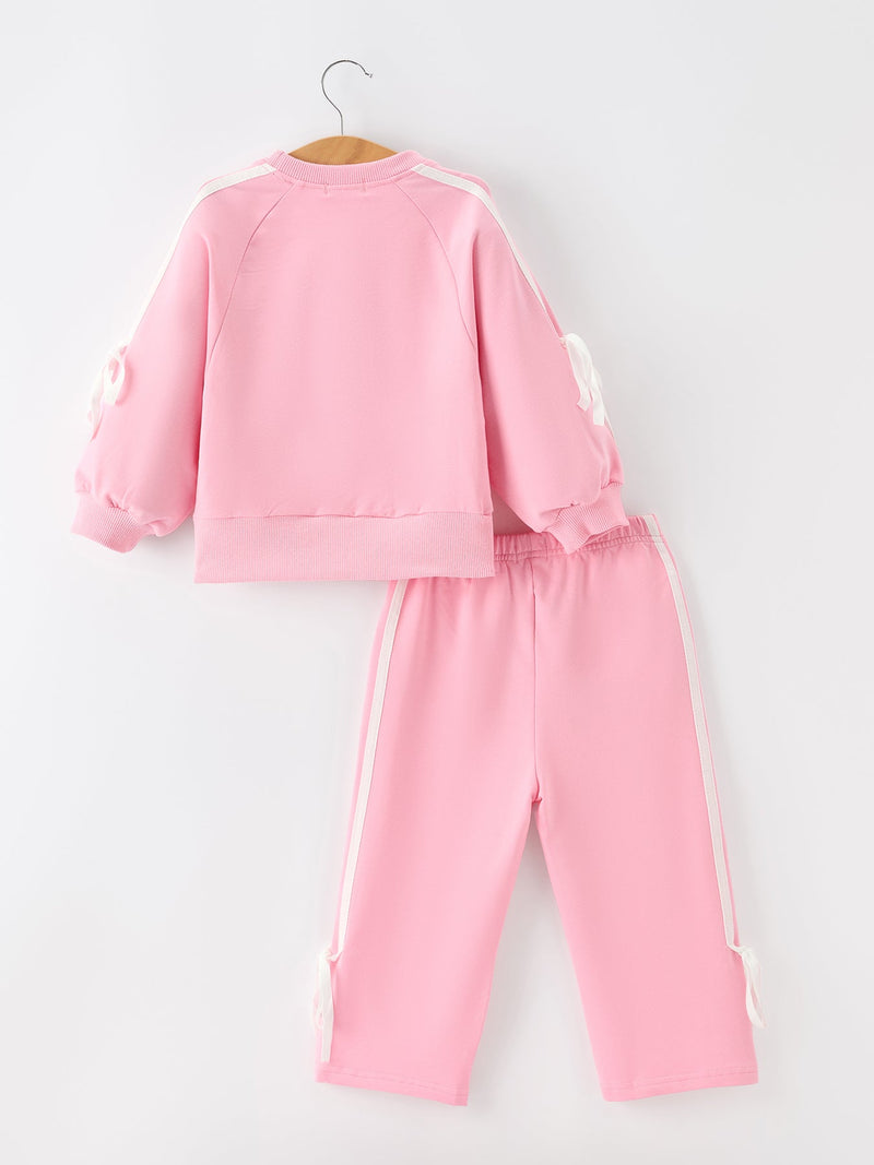 Girls Pink Bow Trim Sweatshirt and Pants Set - 8