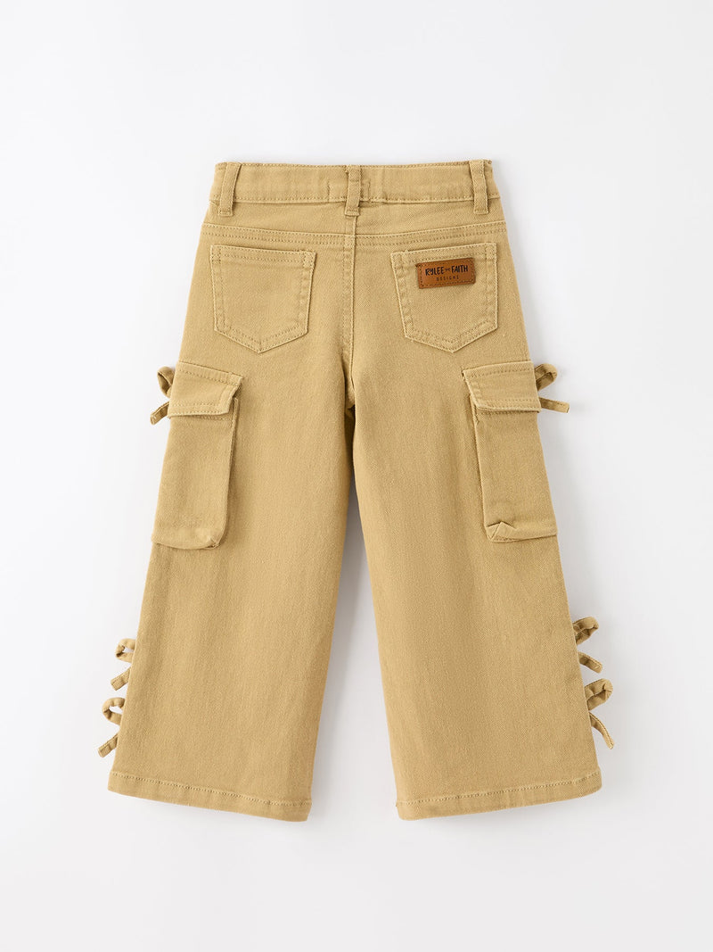 Girls Solid Cargo Leggings Side Bow Pocket Wide Leg Pants - 2